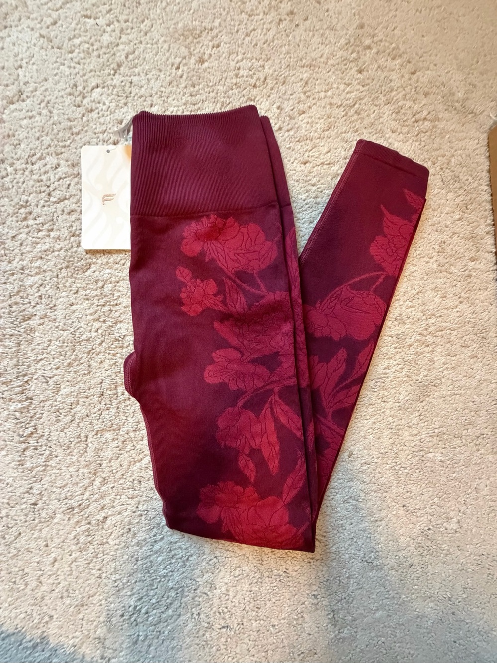 Fabletics Deep Red Floral-Texture Leggings